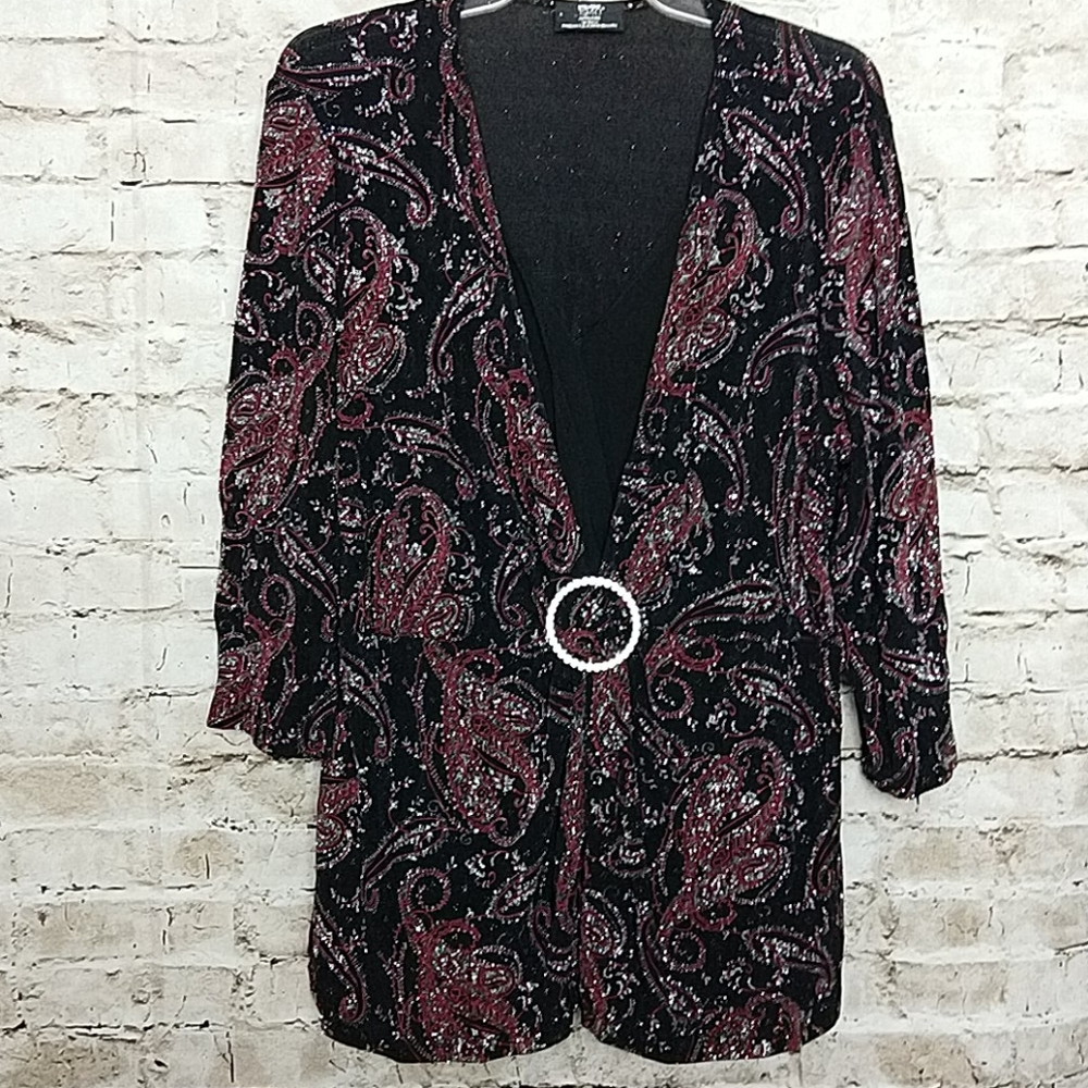Studio 1940 Collection Blouse Size 18 Black Red Sparkle Three Quarter Sleeve EUC